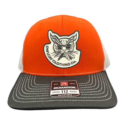 Orange/Black/White Trucker w/ white Leather patch hat