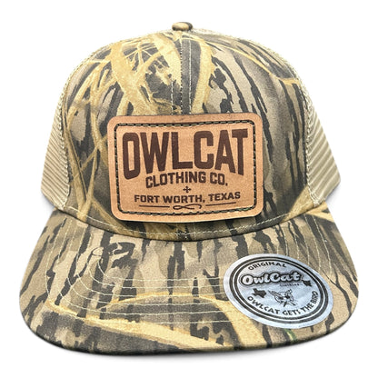 OwlCat Mossy Oak Camo Genuine Leather Patch Hat
