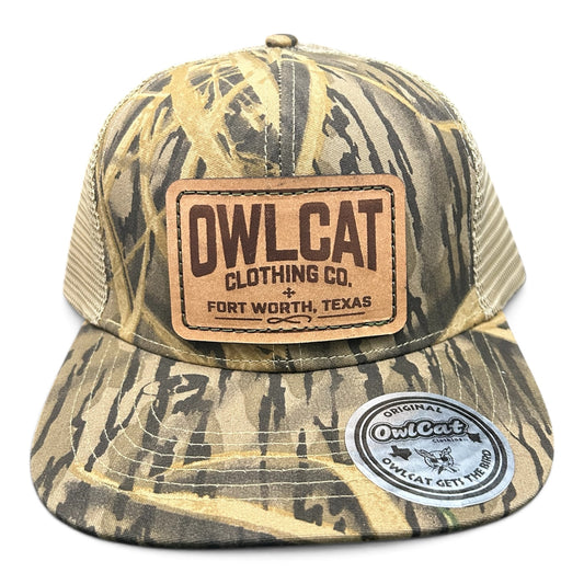 OwlCat Mossy Oak Camo Genuine Leather Patch Hat